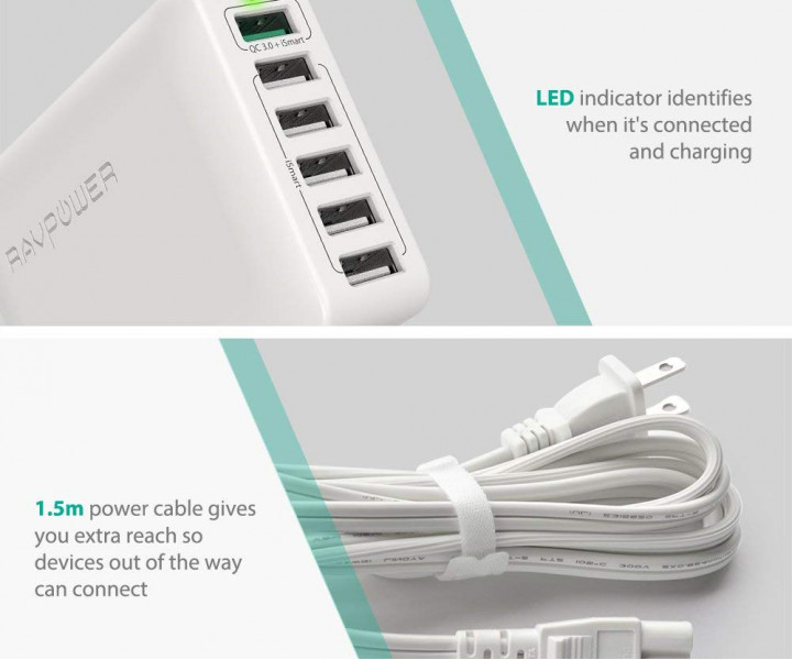 RAVPower Qualcomm Quick Charge 3.0 60W 12A 6-Port USB Charging Station with iSmart White (RP-PC029WH)